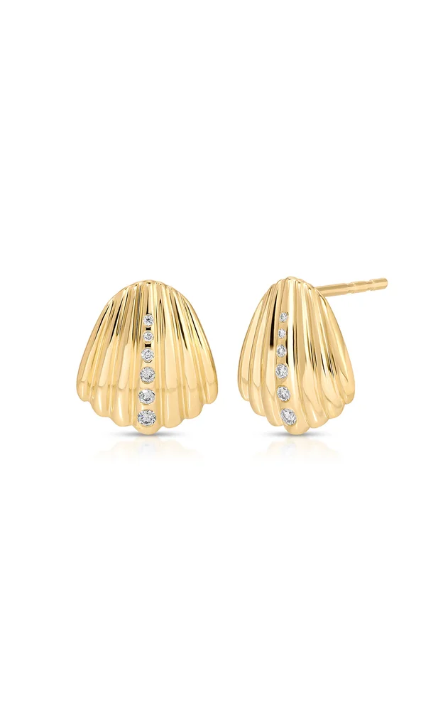 14K Yellow Gold Diamond Shell Stud Earrings