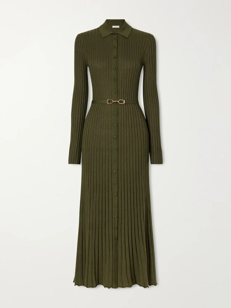 Tenes belted ribbed cashmere and silk-blend midi dress