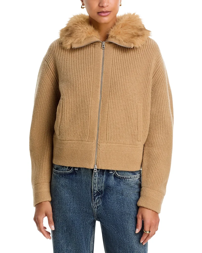 Amelia Wool & Faux Fur Ribbed Zip Cardigan