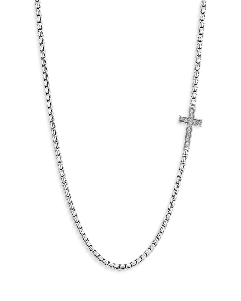 Cross Station Necklace in Sterling Silver with Diamonds, 5mm