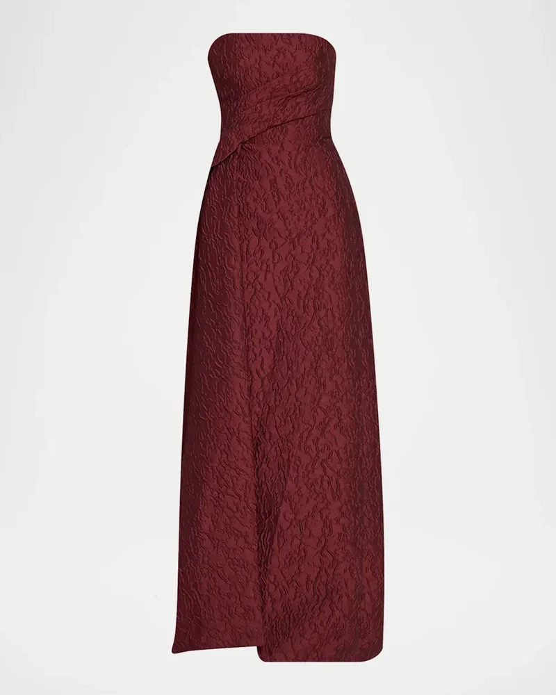 Strapless Textured Jacquard Draped Train Column Gown