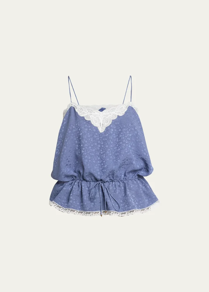 Lace-Trim Floral Silk Jacquard Sleeveless Top