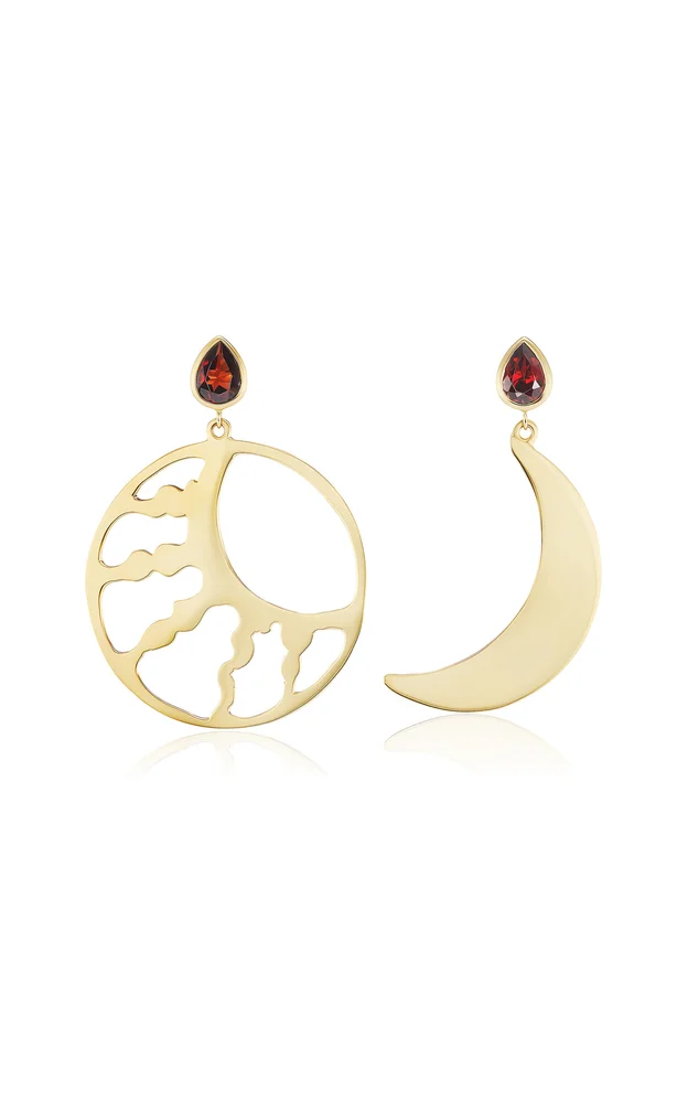 Sun and Moon 10K Yellow Gold Garnet Hoop Earrings