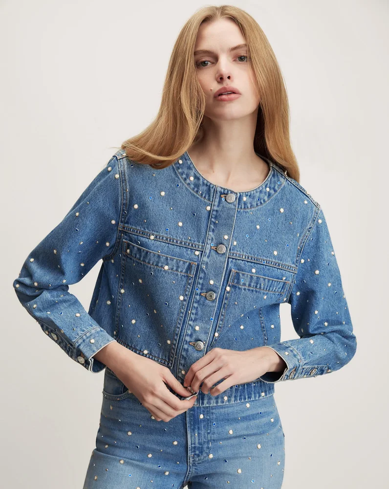 Veronica Beard Lowry Embellished Denim Jacket in Medium Wash Amethyst Frost