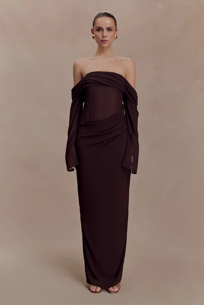 Kirsten Off Shoulder Chiffon Maxi Dress - Cacao Brown
