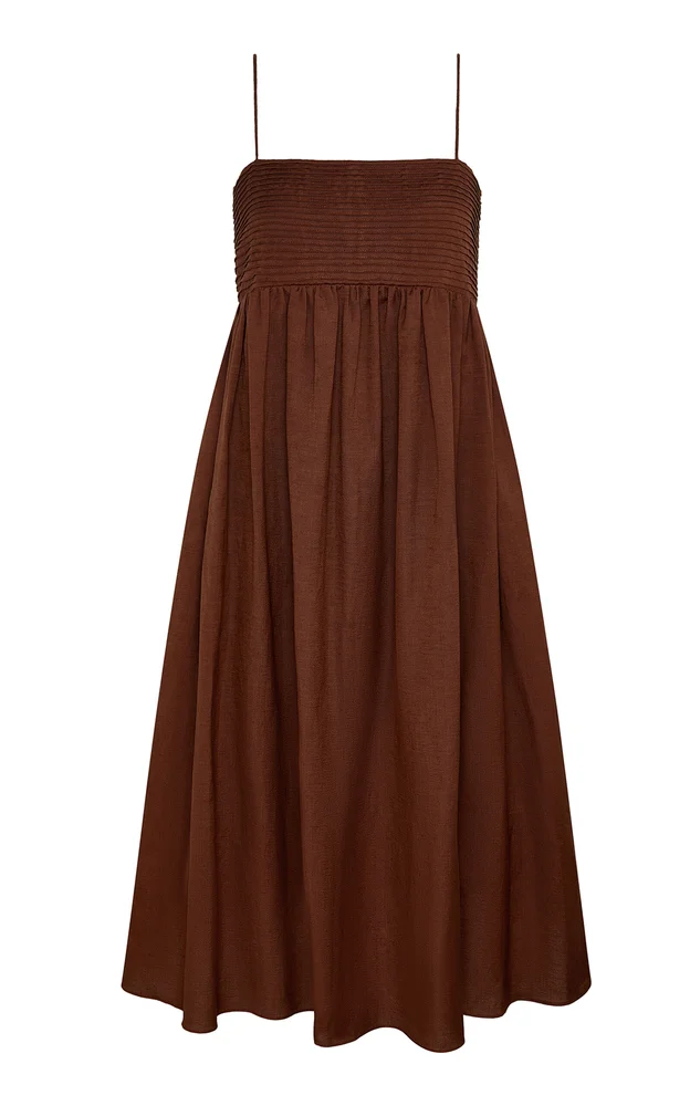 Pintuck Linen-Blend Midi Dress