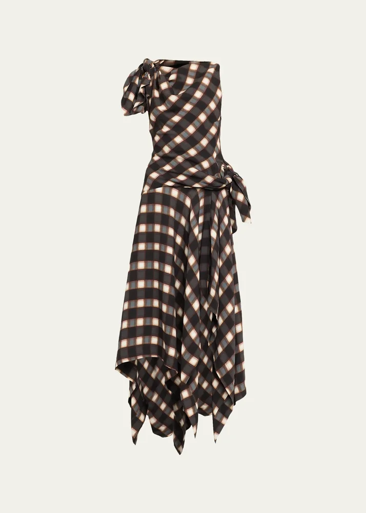Knotted Plaid Silk Midi Dress