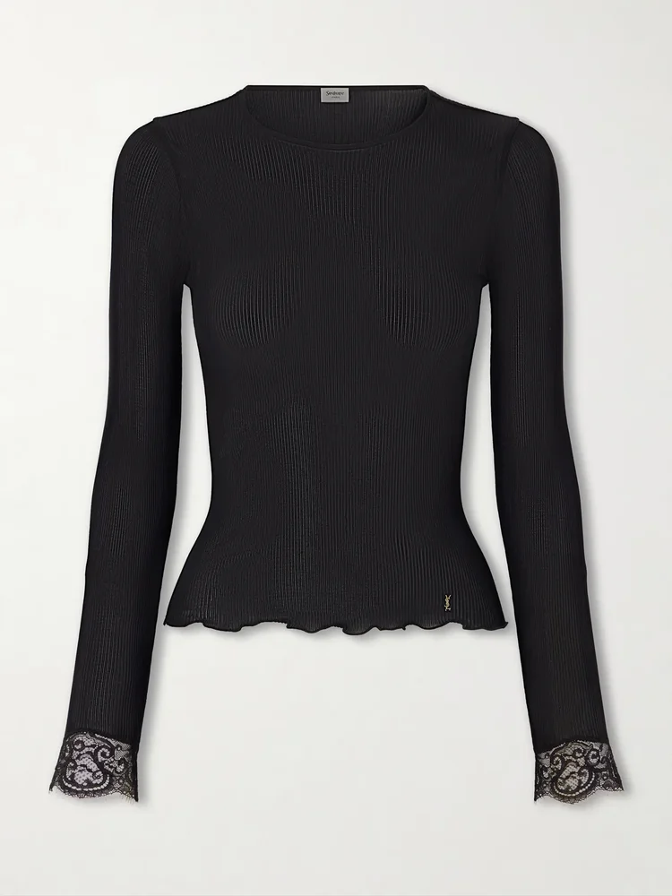 lace trimmed ribbed knit silk t shirt