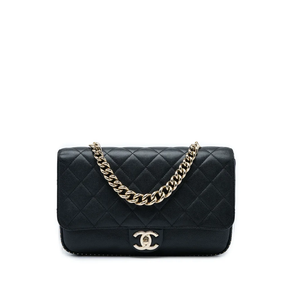 Pre-Owned Chanel Chain Handle CC Flap Bag Quilted Caviar with Studded Detail Large