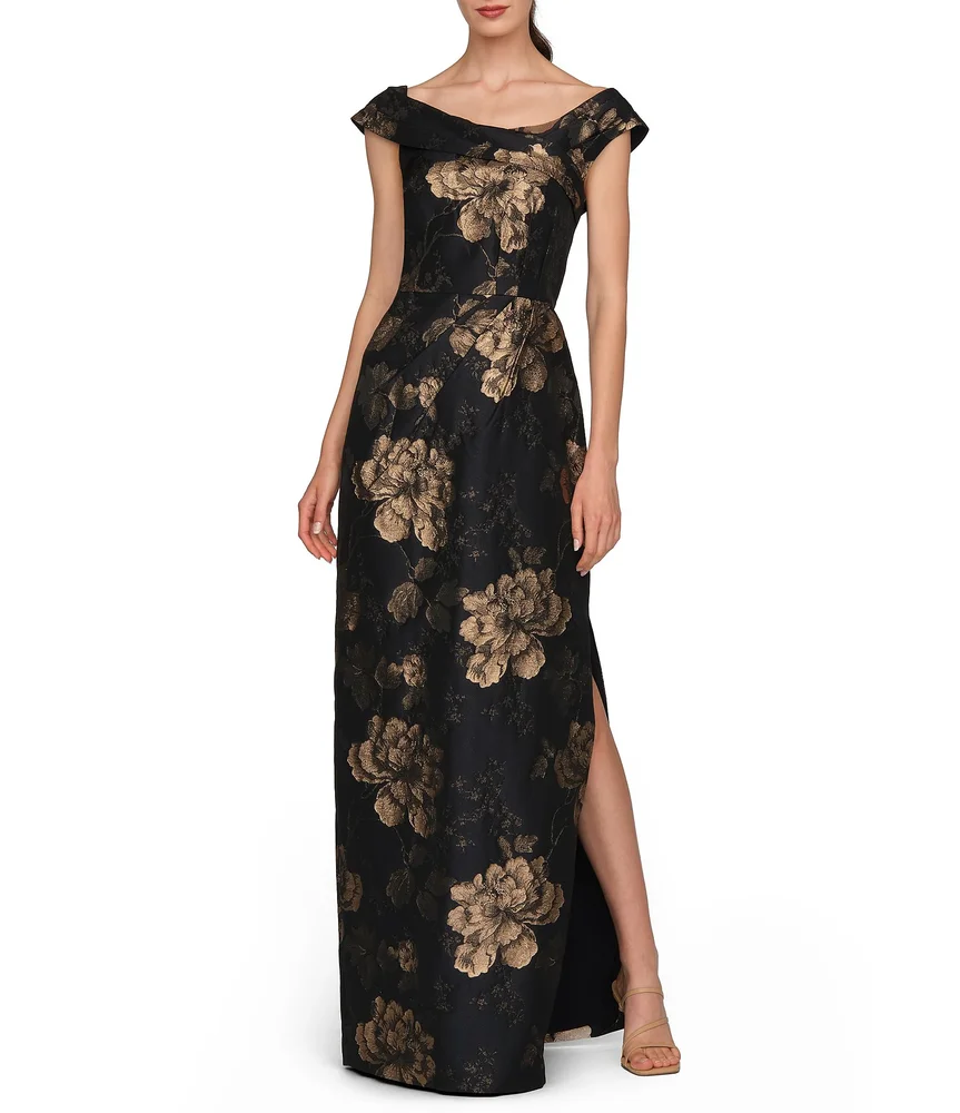Metallic Floral Jacquard Sheath Long Dress