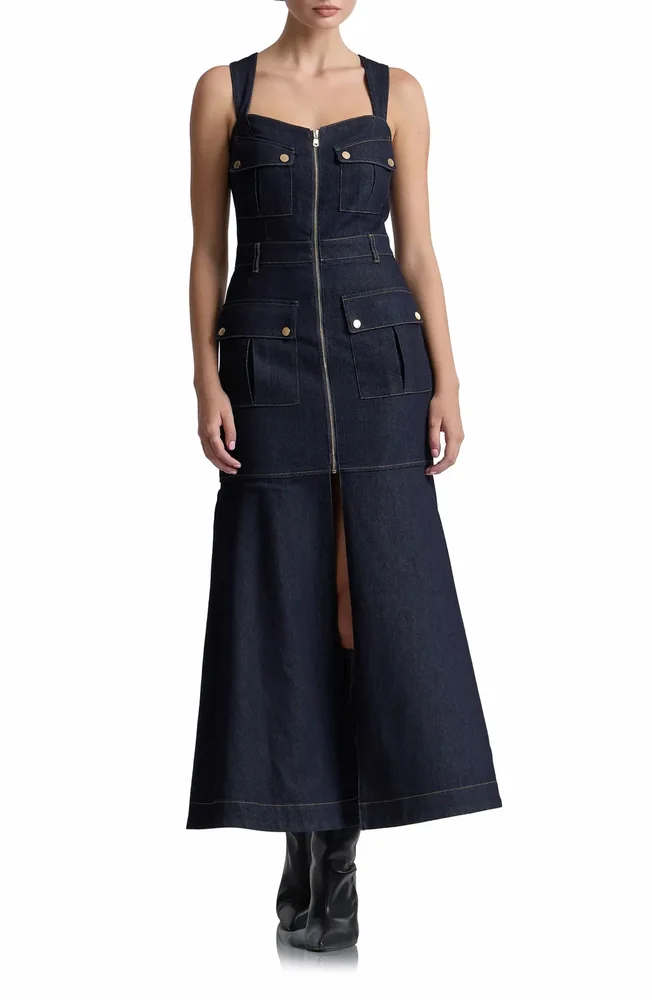 Denim Cargo Fit & Flare Maxi Dress