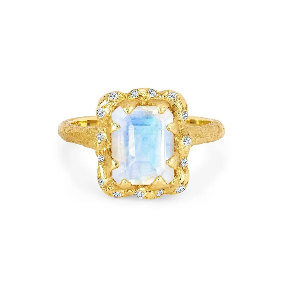 18k Queen Emerald Cut Moonstone Ring with Sprinkled Diamonds