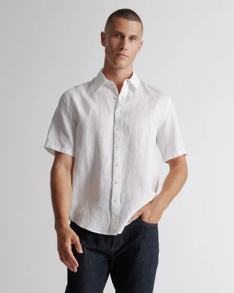 Men's 100% European Linen Short Sleeve Shirt in White