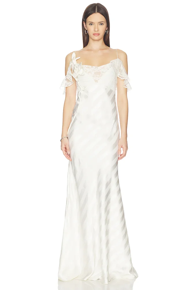 Cream Satin Striped Maxi Dress