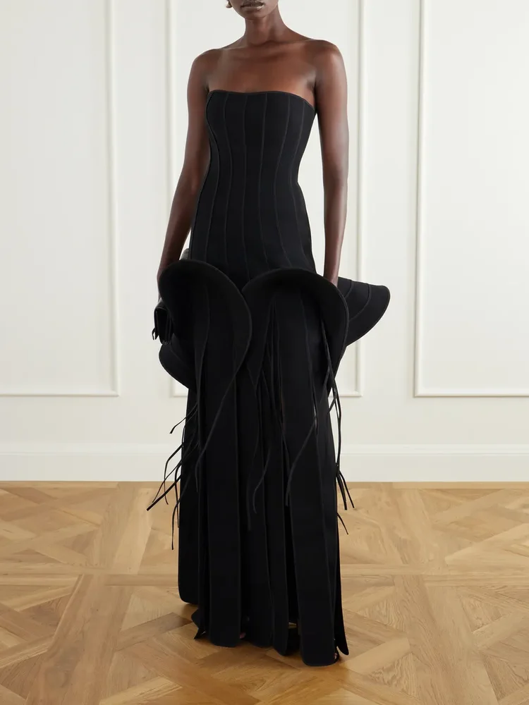 Kingdom strapless ruffled paneled crepe gown