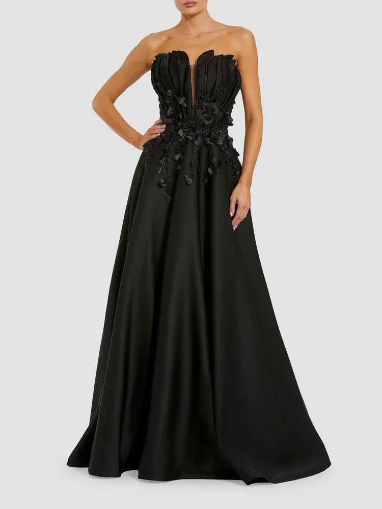 Beaded Floral-Appliquéd Charmeuse Strapless Gown