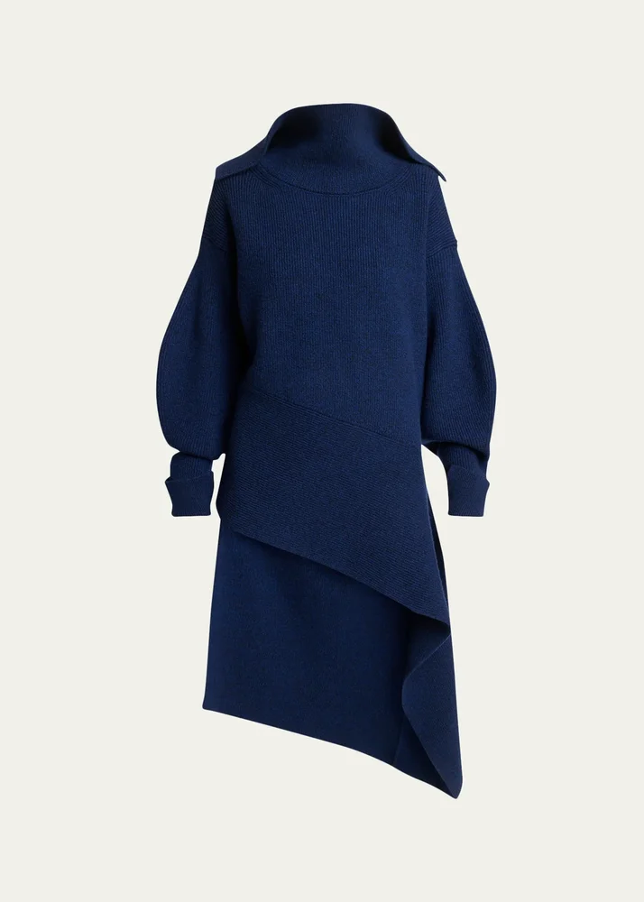 High-Neck Slashed Wool-Cashmere Asymmetric Mini Sweater Dress