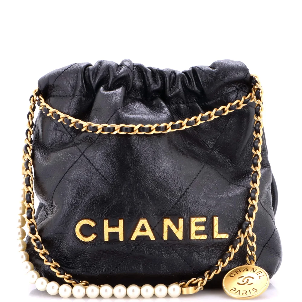 Pre-Owned 22 Chain Hobo Quilted Calfskin with Pearl Chain Mini in Black, Aged Gold Hardware