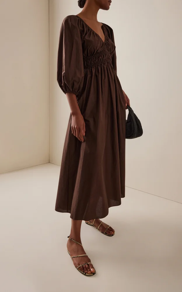 Shirred Cotton Plunge Button Midi Dress