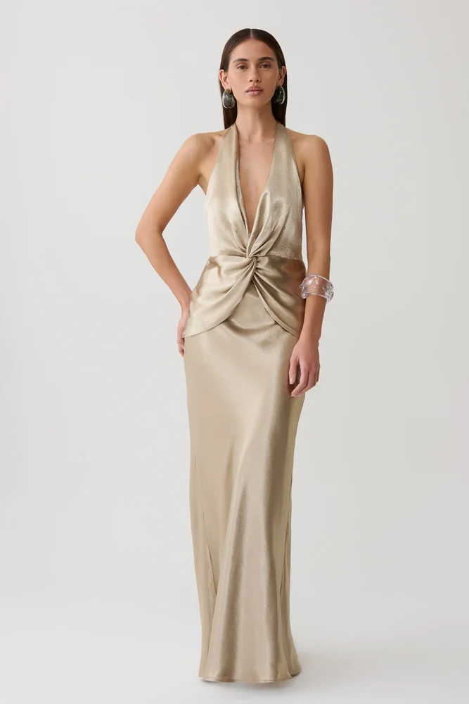 Meshki Peyton V Neck Satin Maxi Dress - Gold