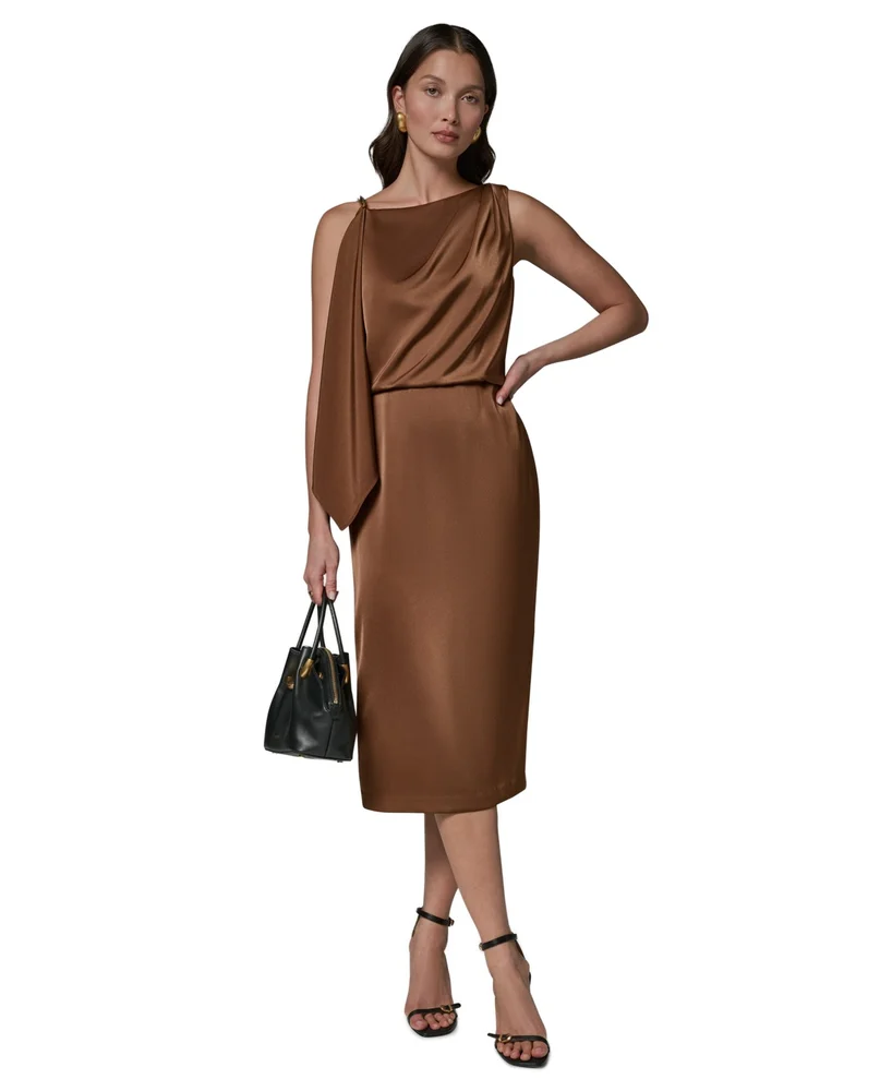 Satin Square Neck Midi Sheath Dress
