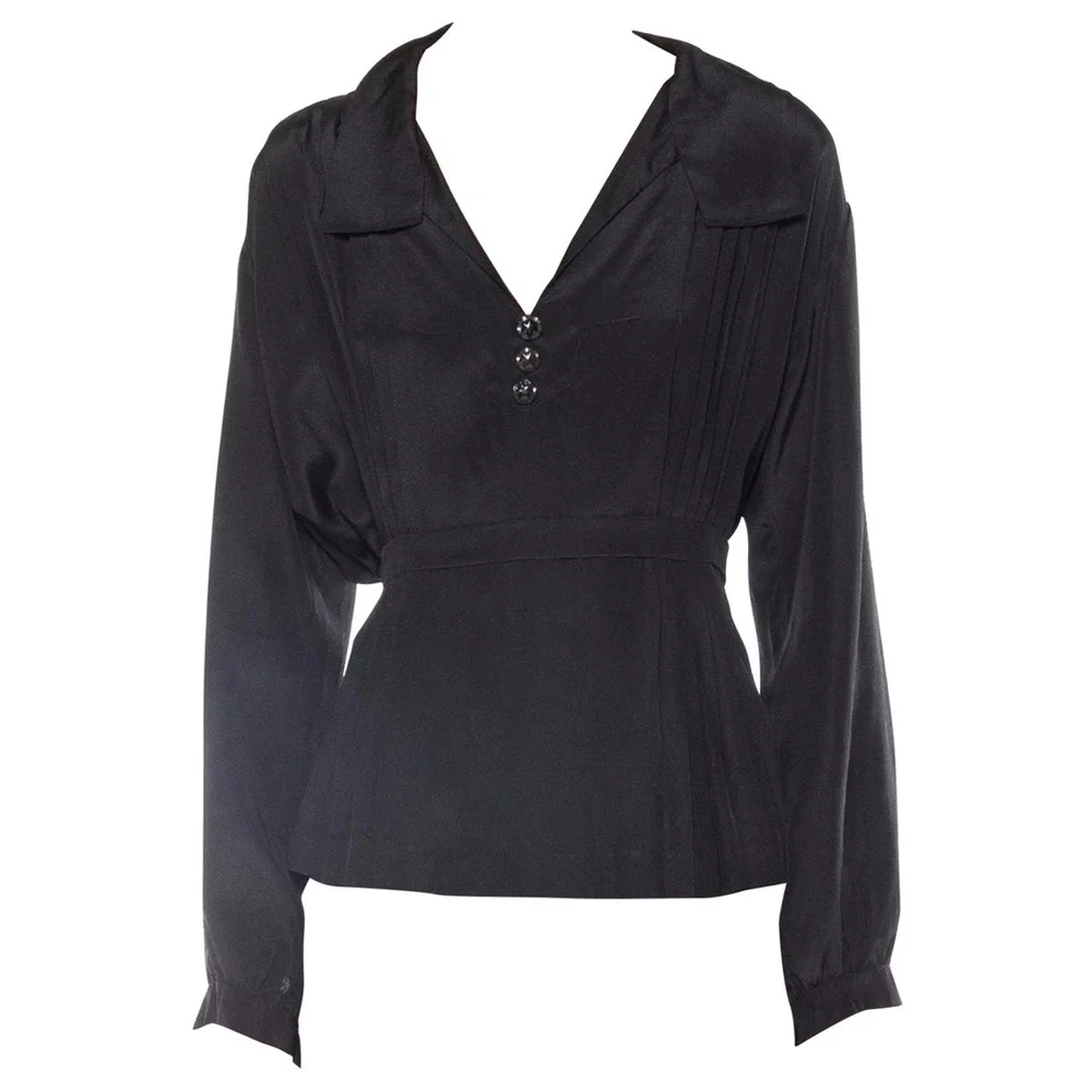 Edwardian Black Silk Long Sleeve Pleated & Belted Blouse