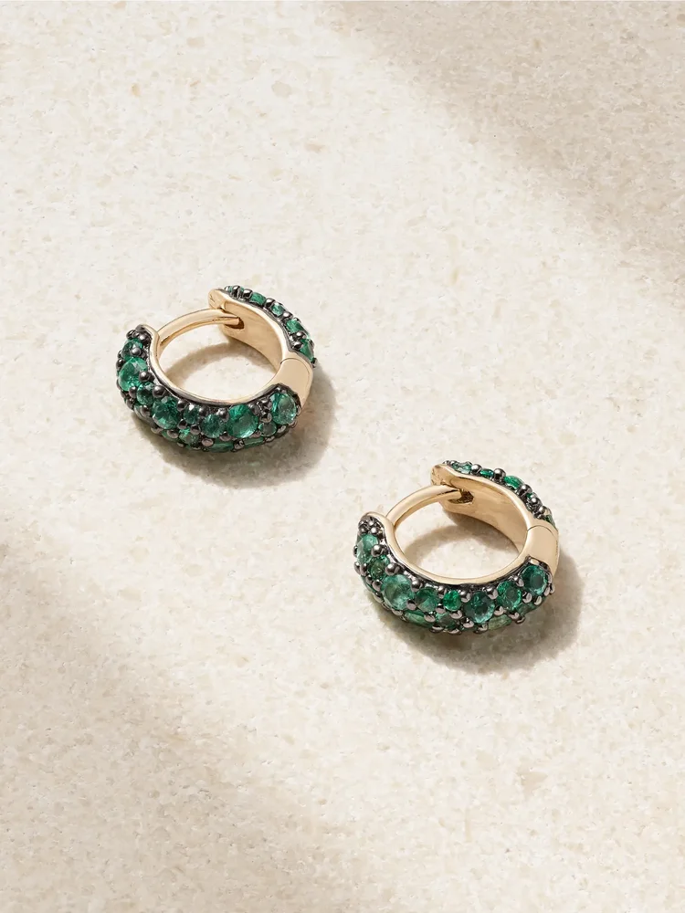Chubby rhodium-plated 14-karat recycled gold emerald hoop earrings