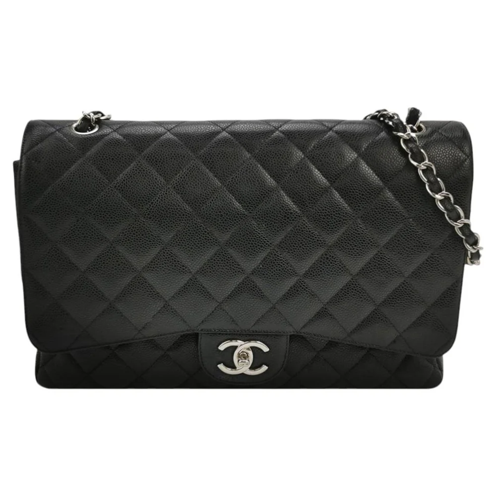 Pre-Owned Classic Flap Maxi Black Caviar Double Flap, Silver Hardware