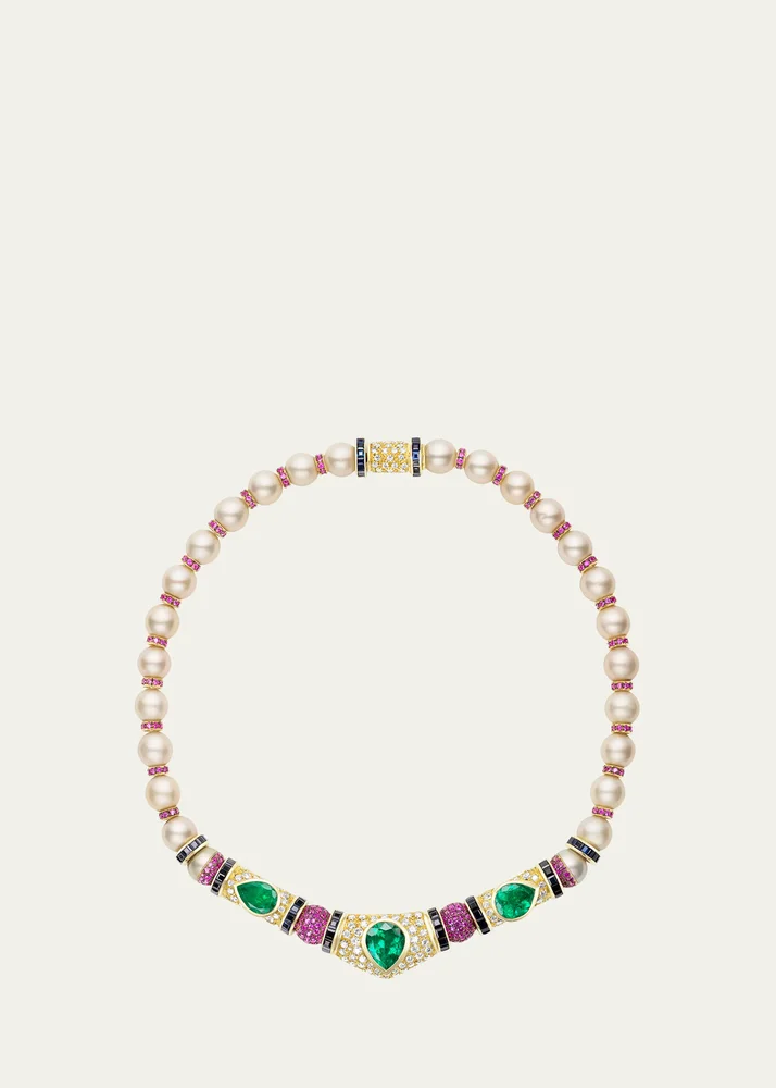 18K Yellow Gold Re-Worked Vintage Necklace with Pearls, Diamonds, Emeralds and Sapphires
