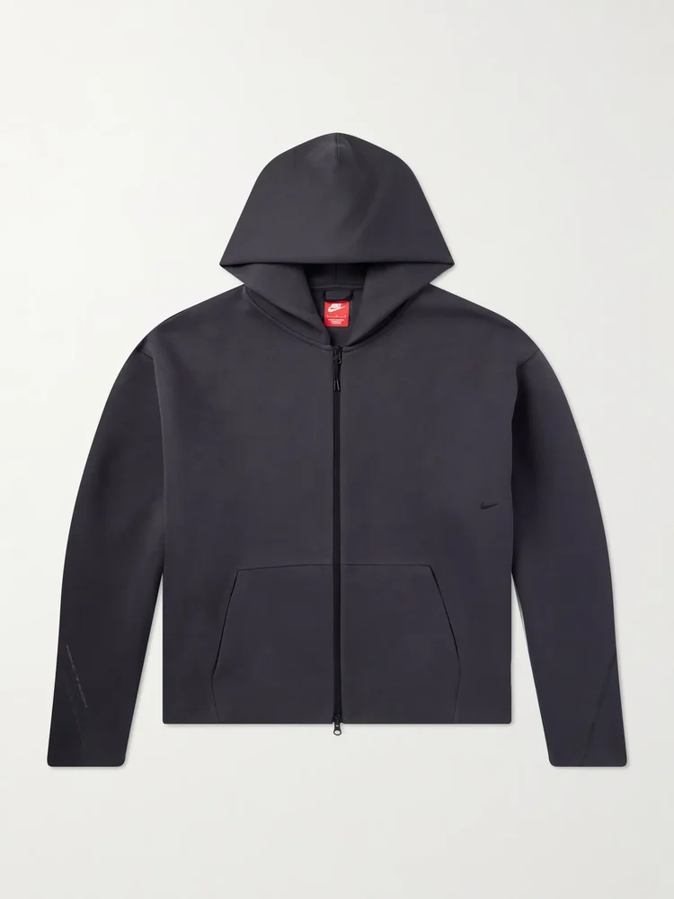 Tech Cropped Logo-Embroidered Fleece Zip-Up Hoodie