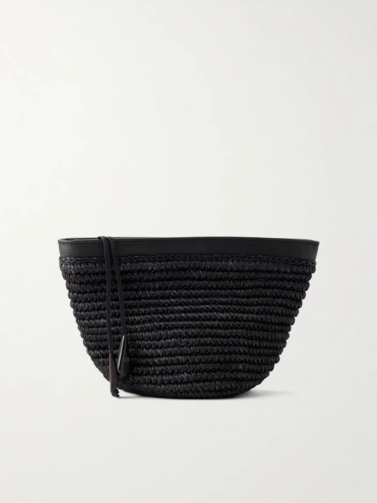 Zip leather-trimmed raffia clutch