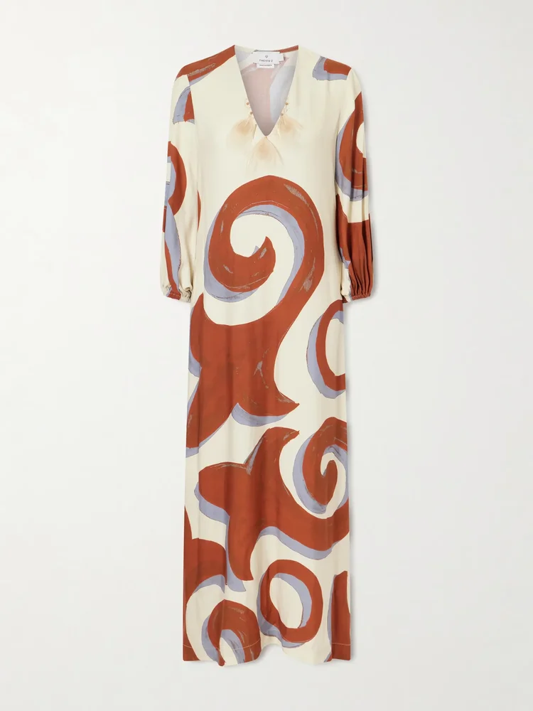 Kyra feather-trimmed printed crepe maxi dress