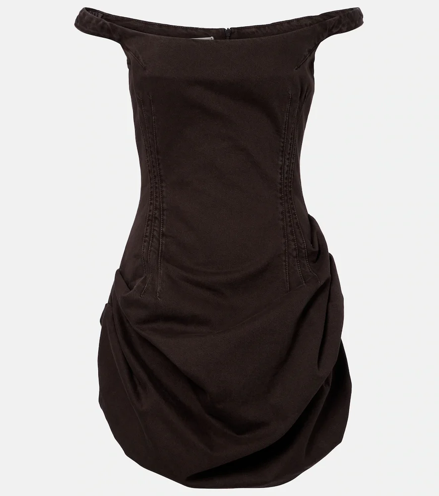 Gathered off-shoulder denim minidress