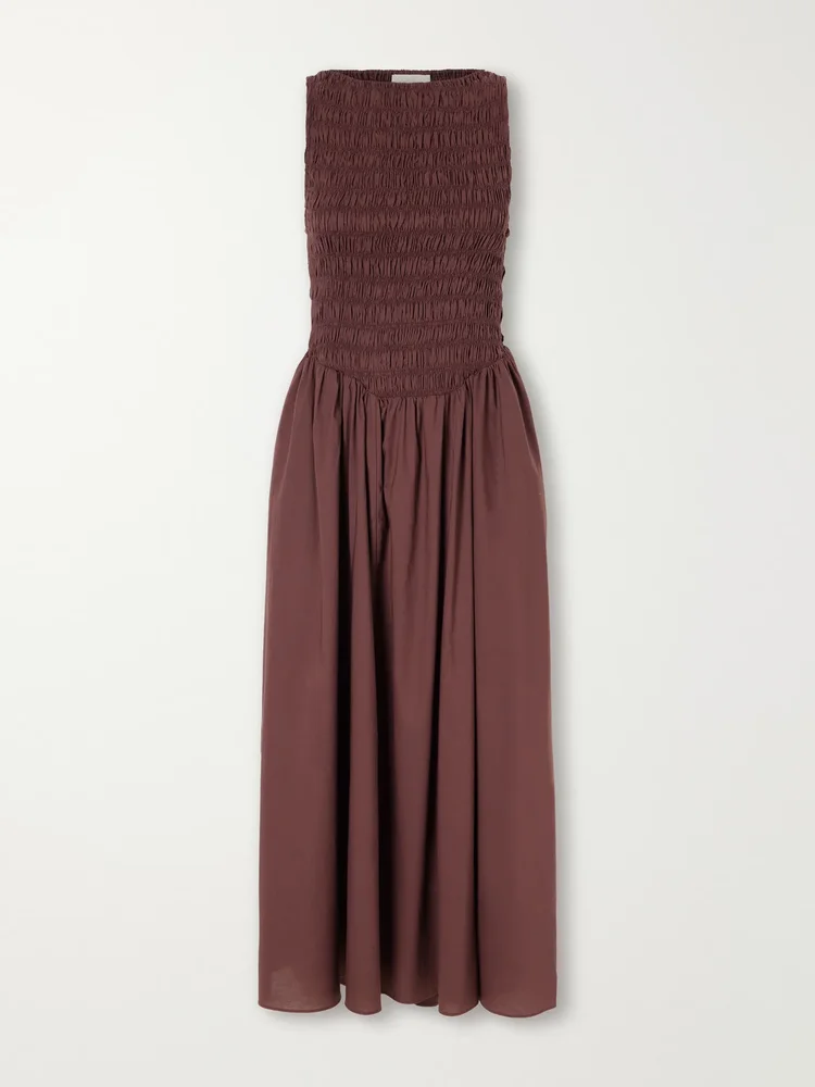 Lucia shirred gathered cotton-poplin midi dress