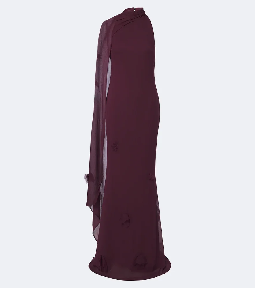 Floral-appliqué Scarf-detail Gown