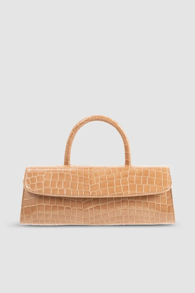 Mini Longa Croco Embossed Top-Handle Bag in Brown