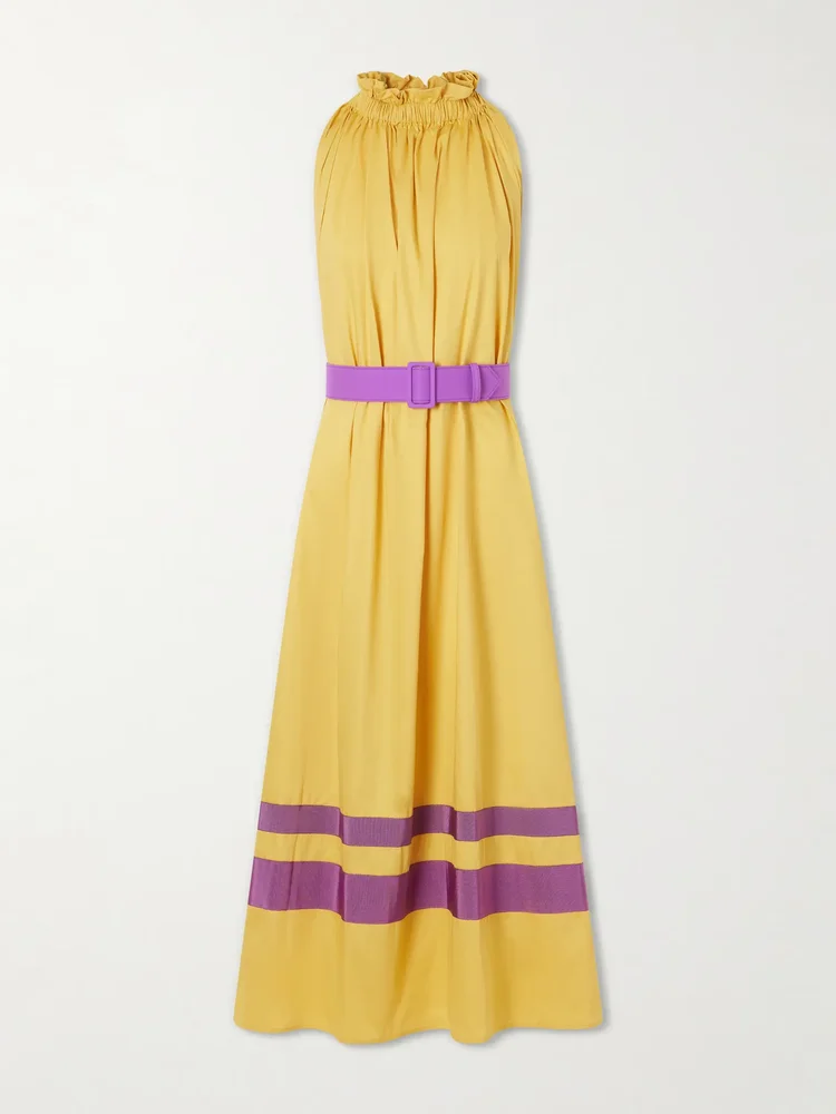 Camogli belted ruched grosgrain-trimmed cotton-poplin halterneck midi dress
