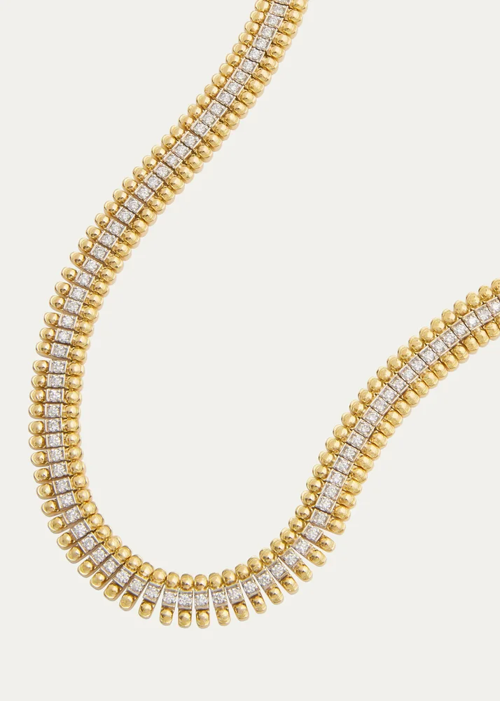 18K Yellow Gold and White Gold Beaded Edge Necklace with Diamonds
