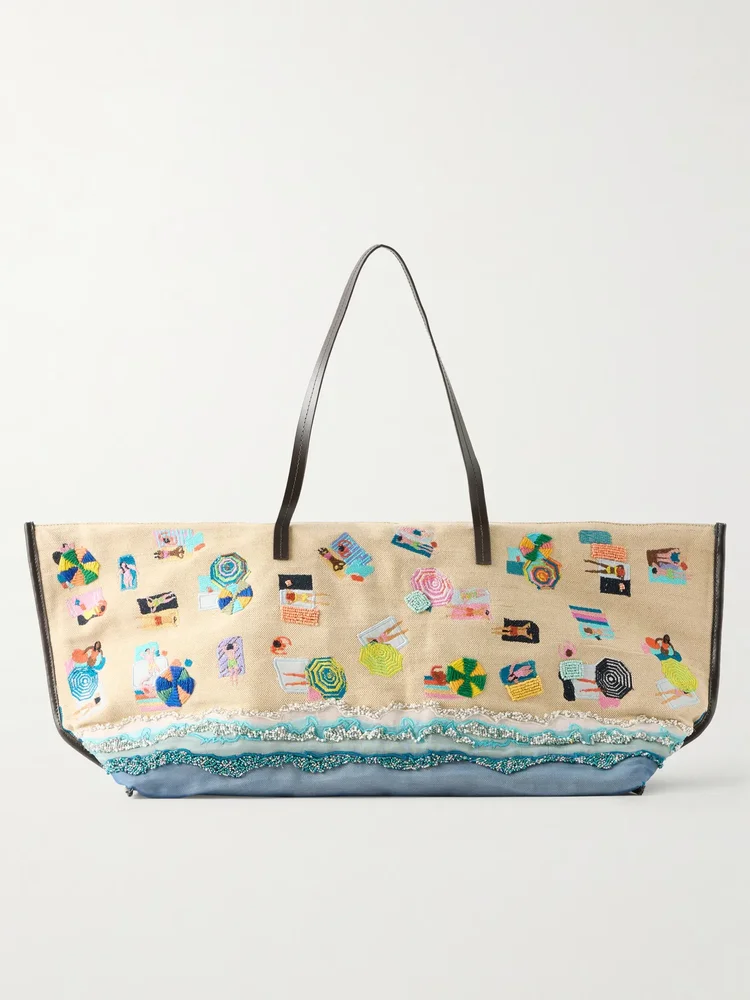 Christos large leather-trimmed embroidered bead-embellished canvas tote
