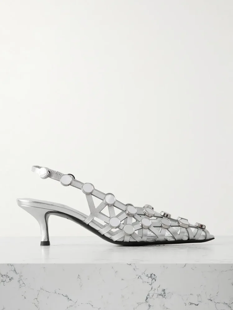 Grid studded metallic leather slingback pumps