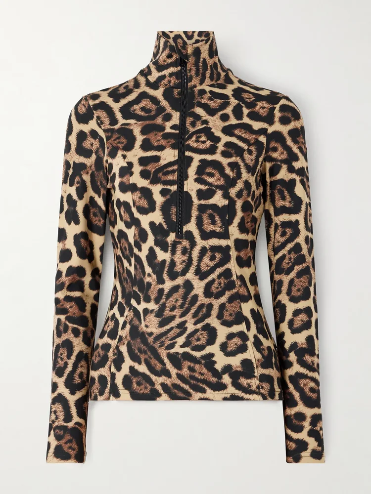 Leona leopard-print stretch recycled-jersey half-zip top