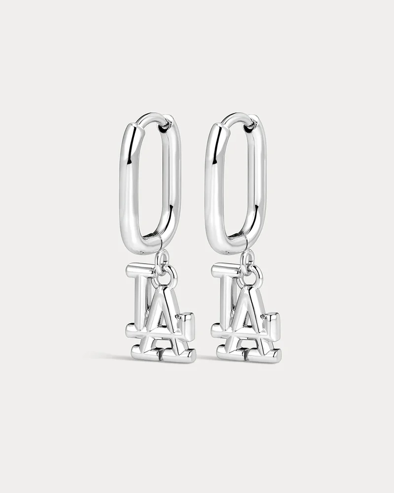 The MLB Logo Charm Oval Hoop Earrings- Silver