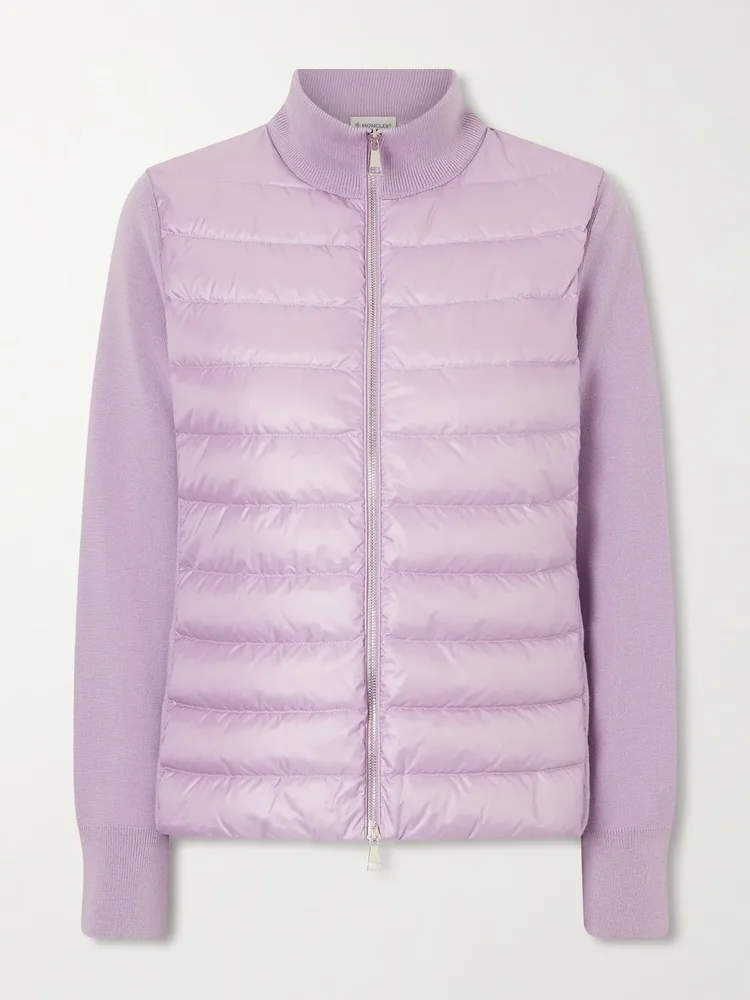 Appliquéd wool and quilted shell down cardigan