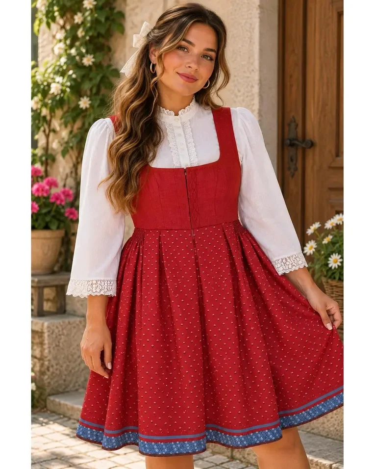 Vintage Wenger Dirndl Corset Dress & Blouse Set, Red White Floral