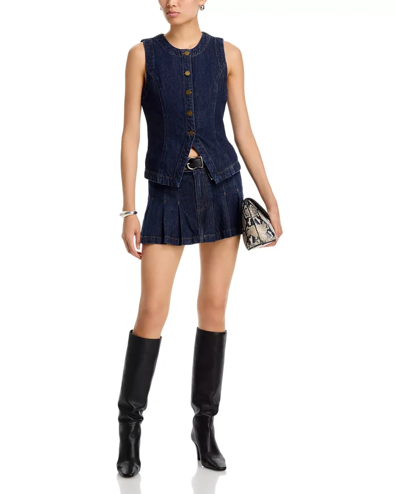 Denim Button Front Vest Top and Pleated Micro Denim Skirt