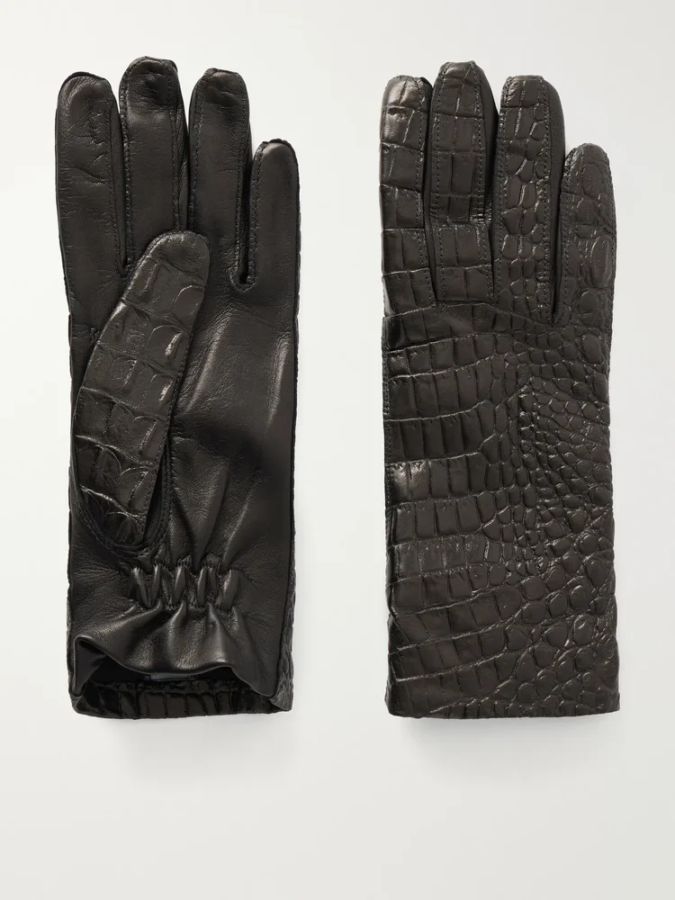 Croc-effect leather gloves
