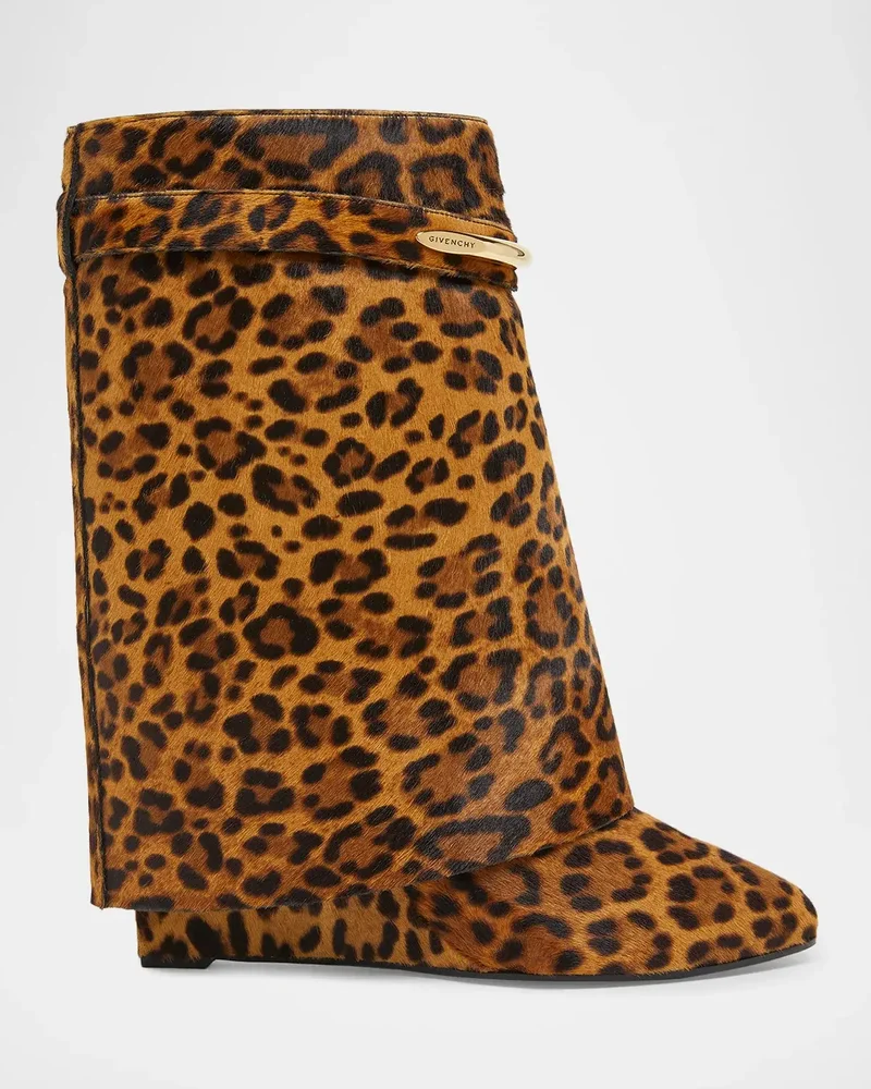 90mm Shark Pinch Leopard Calf Hair Wedge Ankle Boots