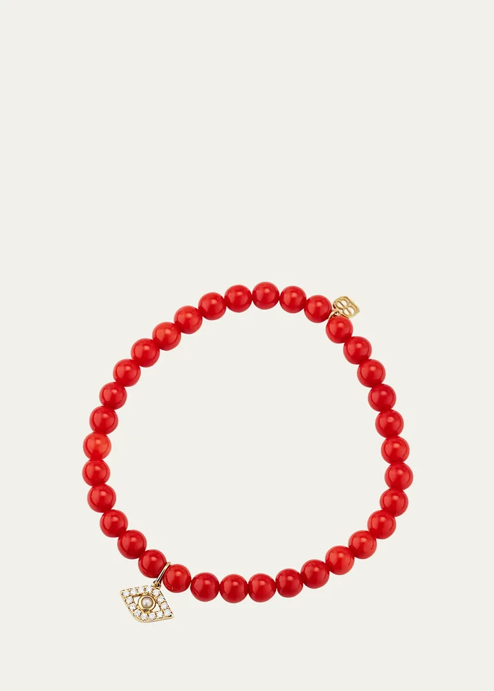 14K Large Evil Eye Charm on Peach Coral Bracelet