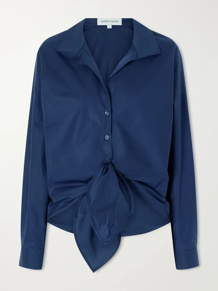 Dalila knotted cotton-poplin blouse