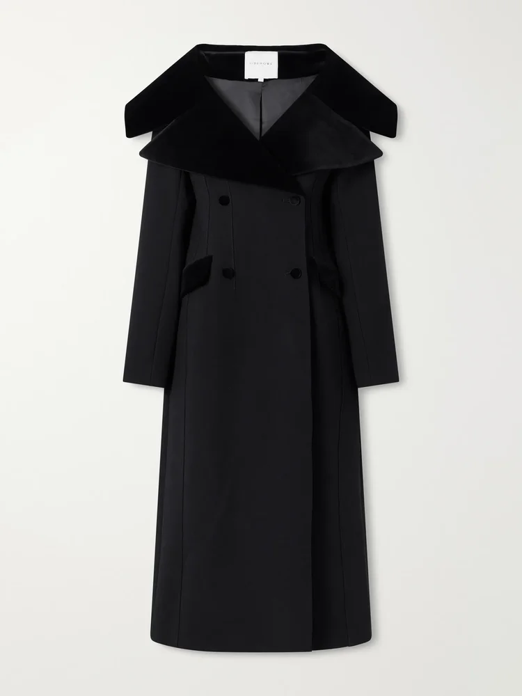 Hourglass double-breasted wool velour-trimmed coat